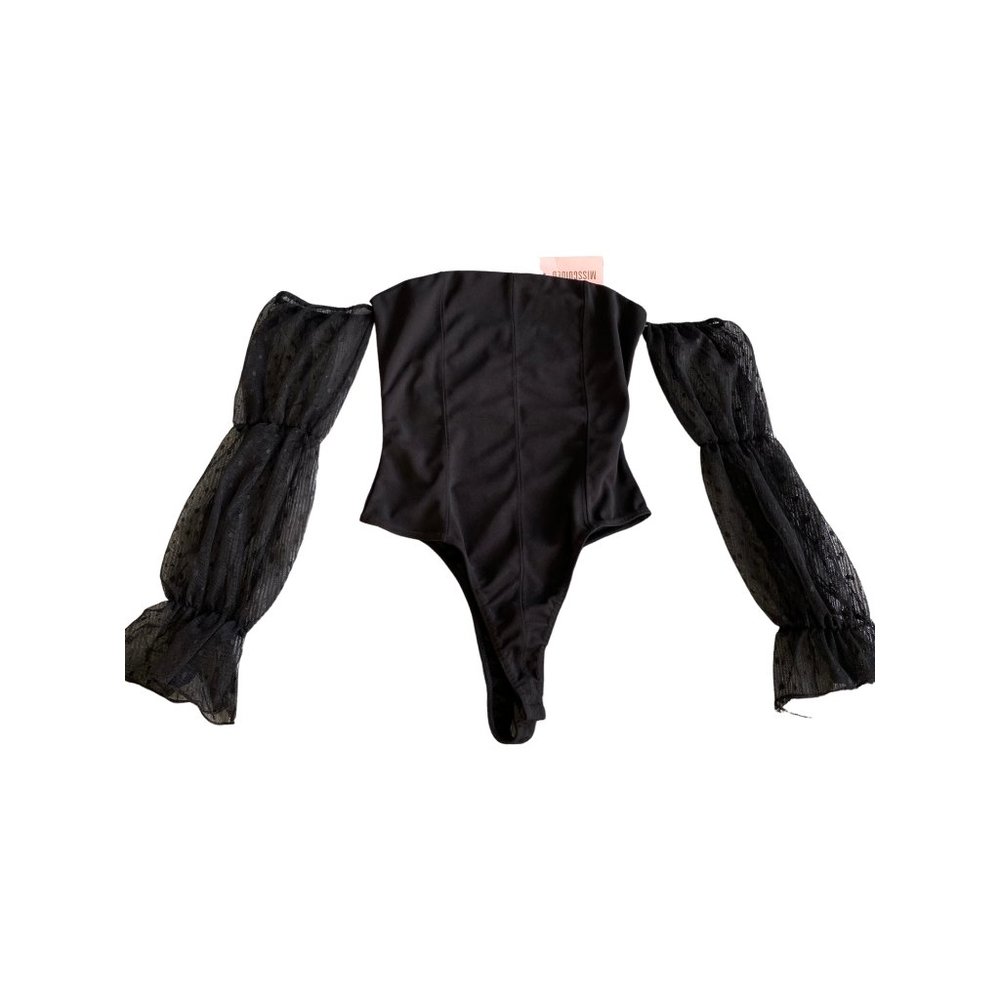 Black bardot bobby mesh puff sleeve bodysuit